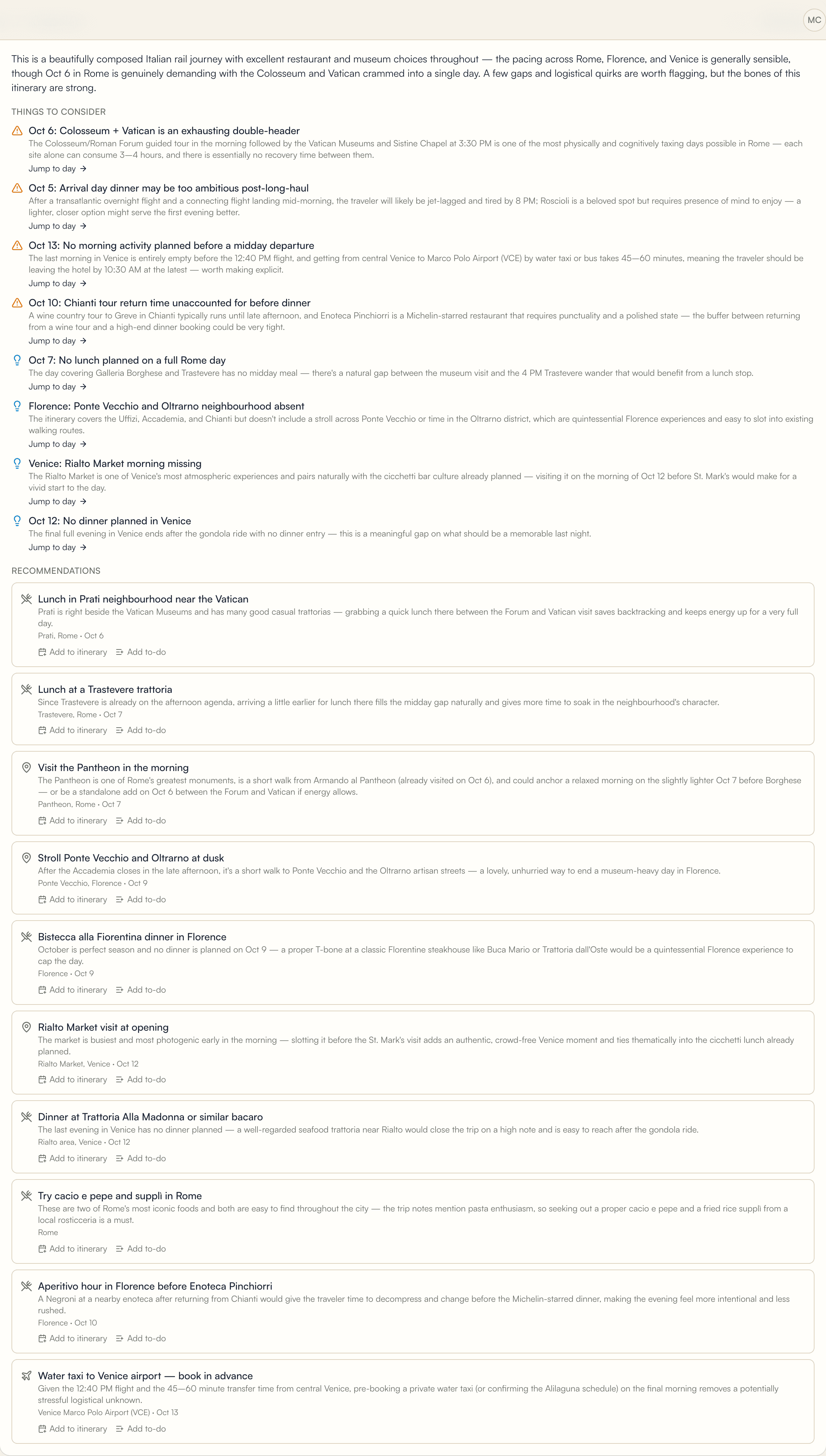 An AI review of the itinerary with findings