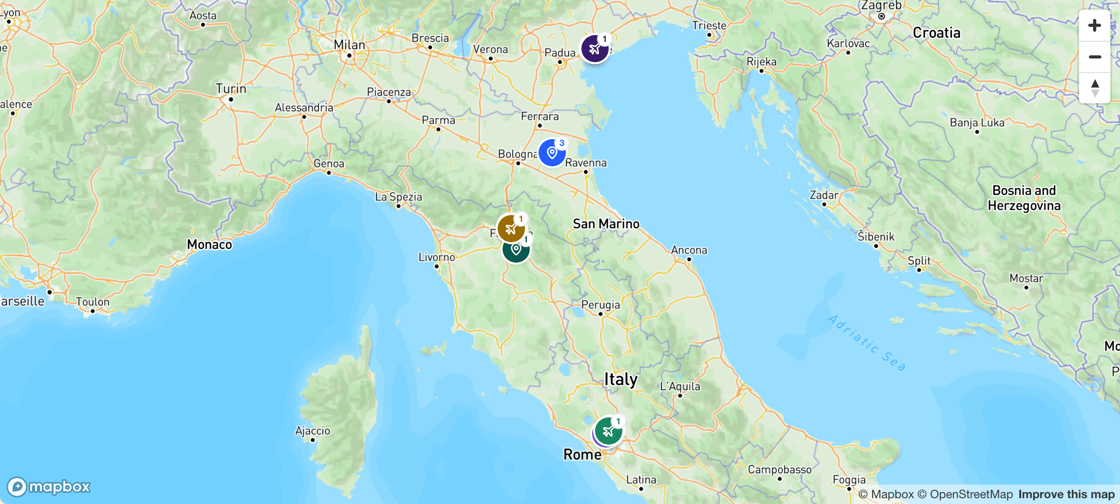A map of the trip with stops pinned and colored by day
